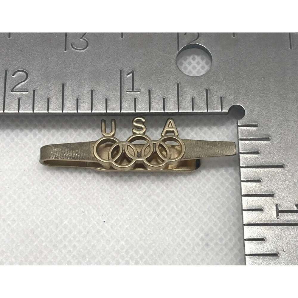 Vintage Dante USA Olympics Tie‎ Bar Gold Tone Metal Retro Minimalist Mens